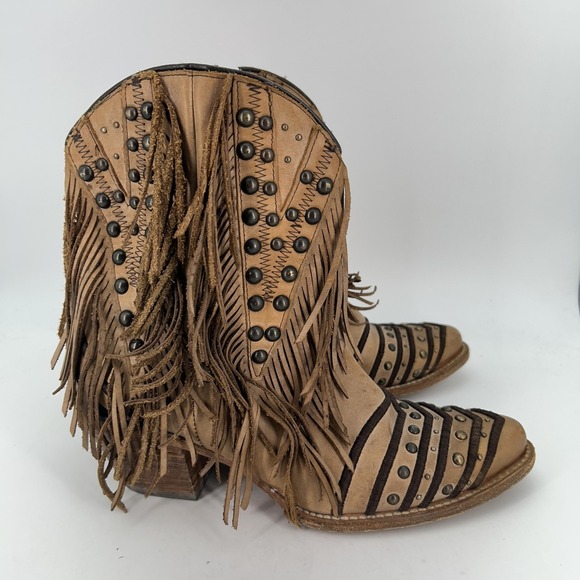 Corral Boots Womens Size 10 Tan Fringe Studded Western Cowgirl Zip Boho Ankle - Picture 6 of 16
